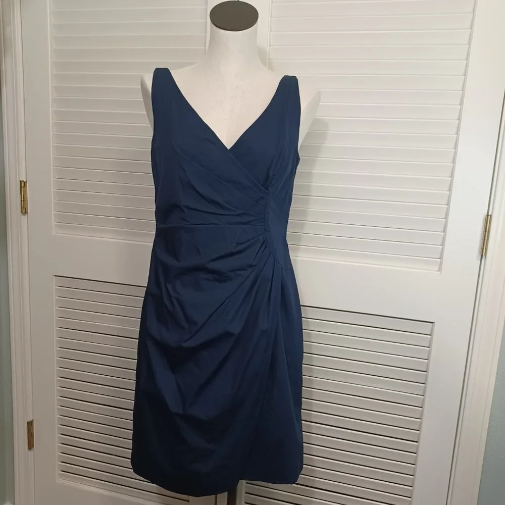 Ann‎ Taylor Navy Blue Ruched Faux Wrap V-Neck Sheath Dress Womens